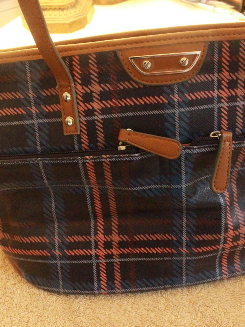 Navy Tartan Plaid Tote Bag with Brown Trim